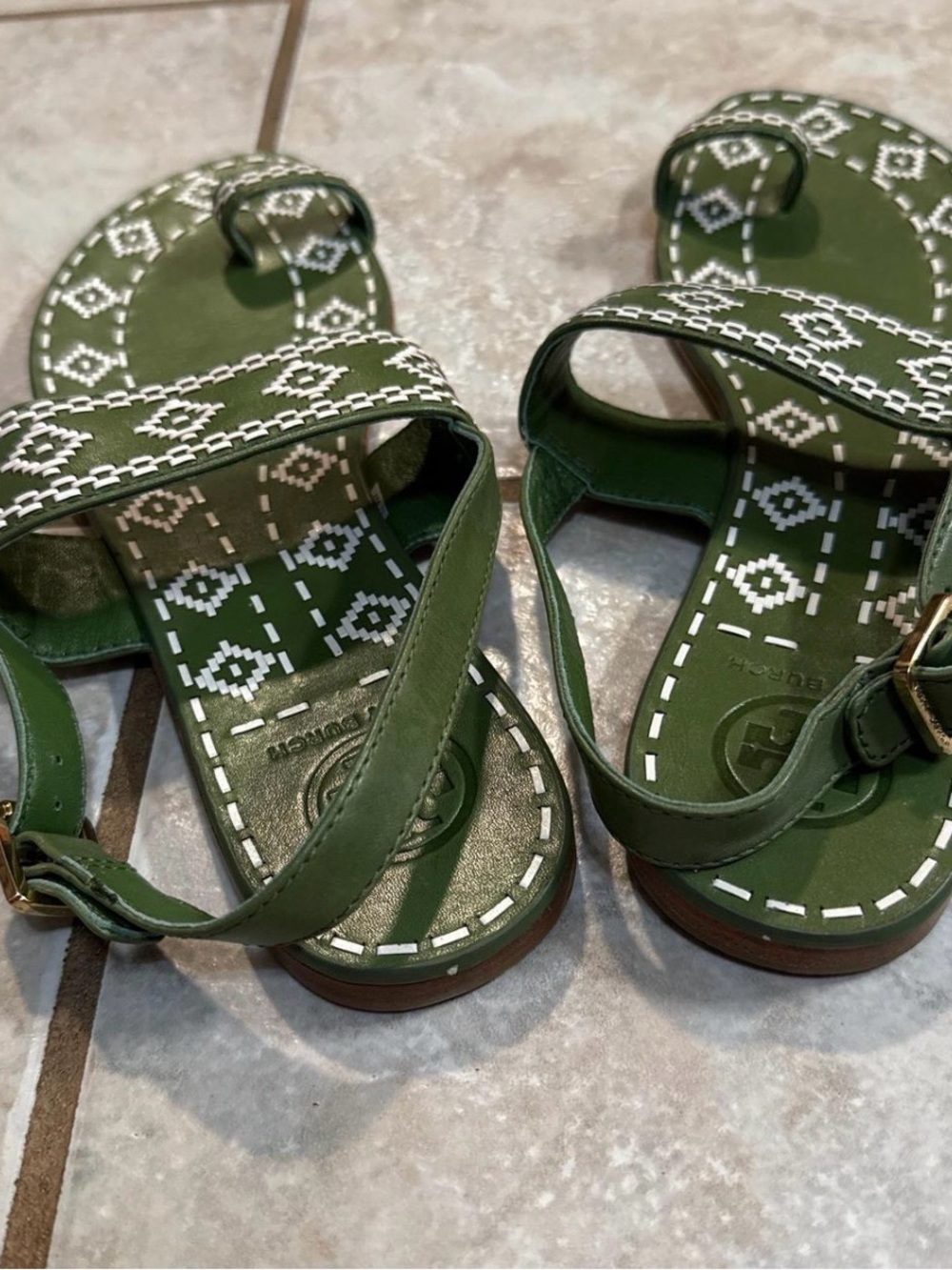 Tory Burch Olive Green Embroidered Leather Sandals - Picture 3 of 4